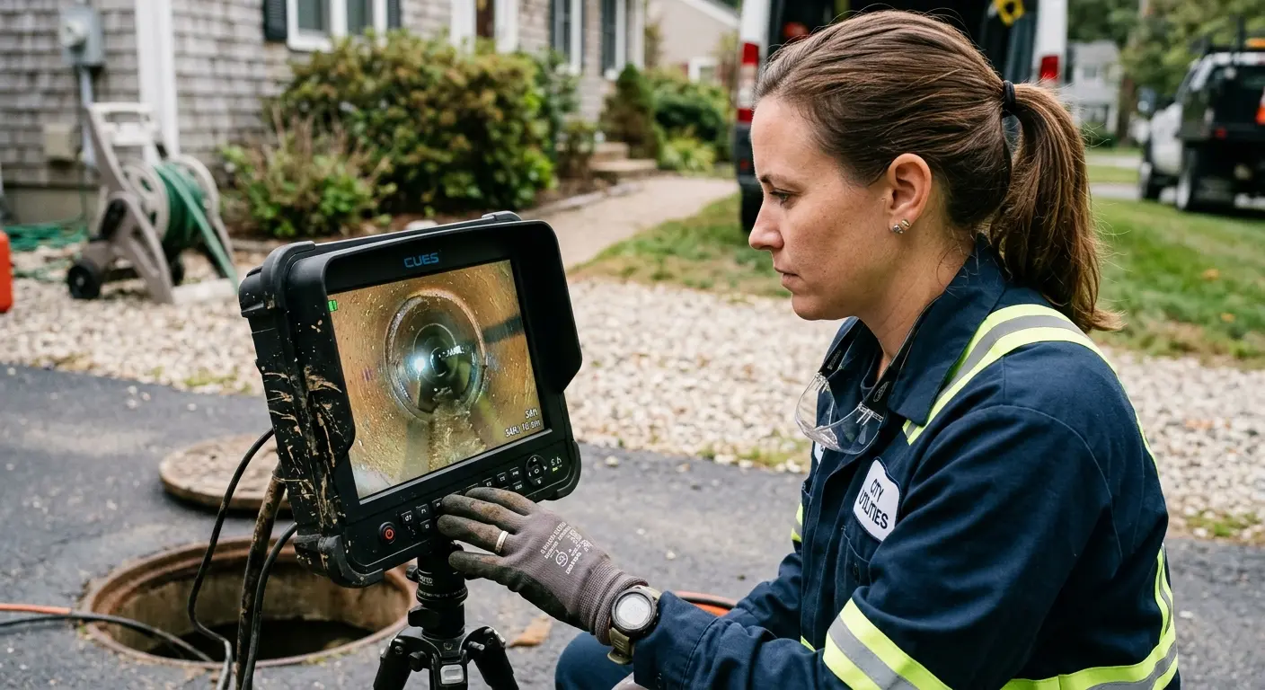 Technician reviewing sewer camera inspection footage in Seaside