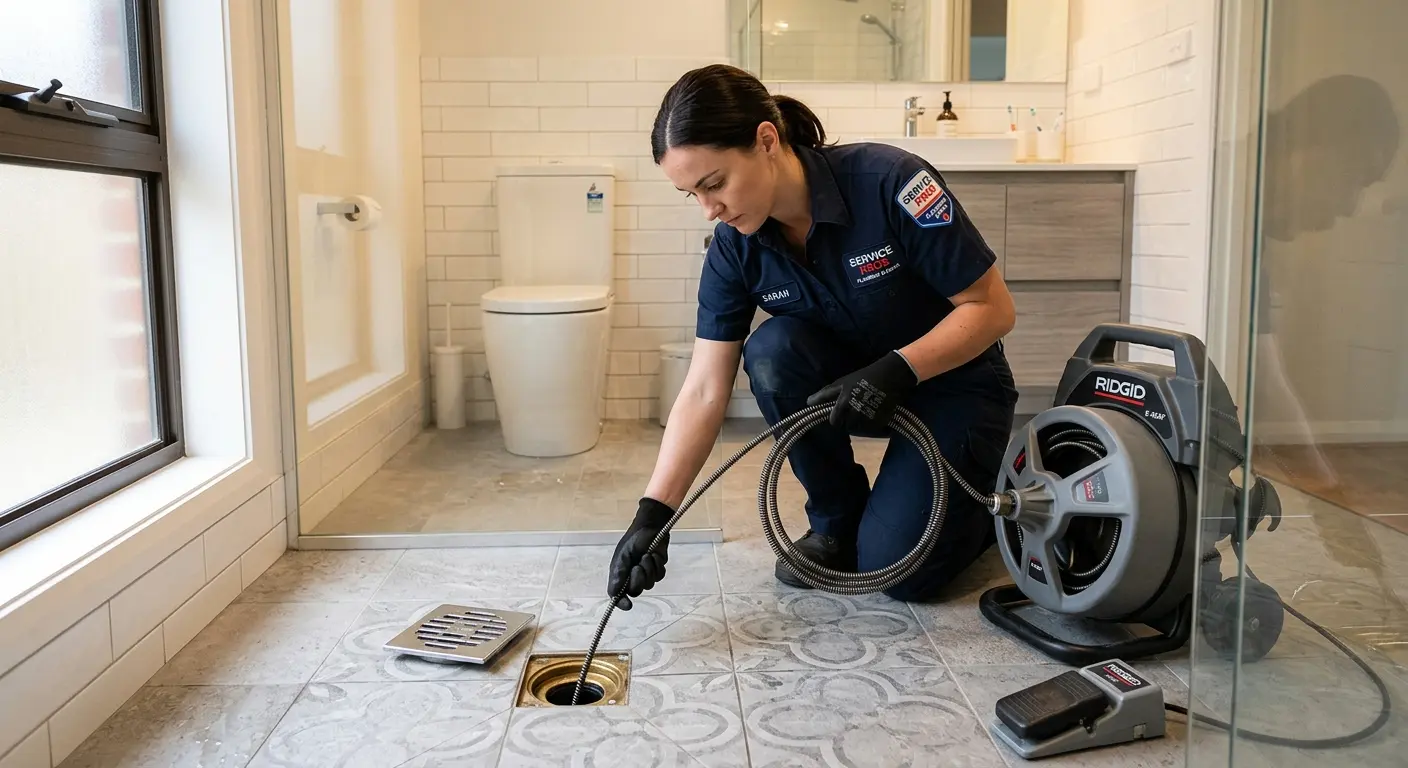 Technician clearing a bathroom floor drain for Sewer Line Installation in Seaside